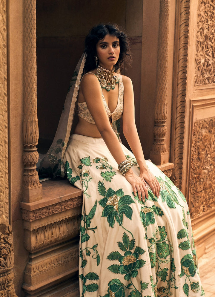 Ivory And Green Floral Printed Silk Lehenga Set Paulmi and Harsh - Fabilicious Fashion