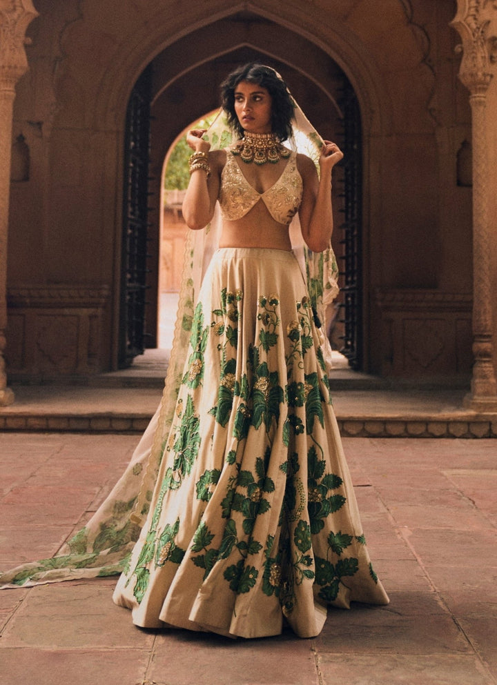 Ivory And Green Floral Printed Silk Lehenga Set Paulmi and Harsh - Fabilicious Fashion