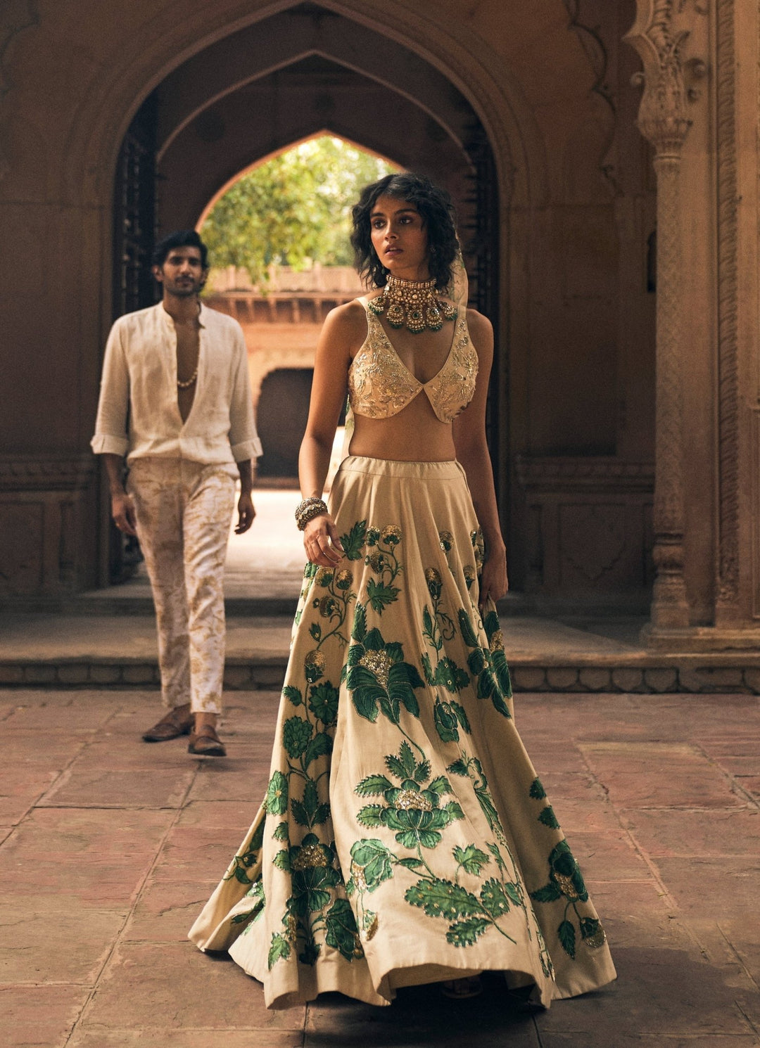 Ivory And Green Floral Printed Silk Lehenga Set Paulmi and Harsh - Fabilicious Fashion
