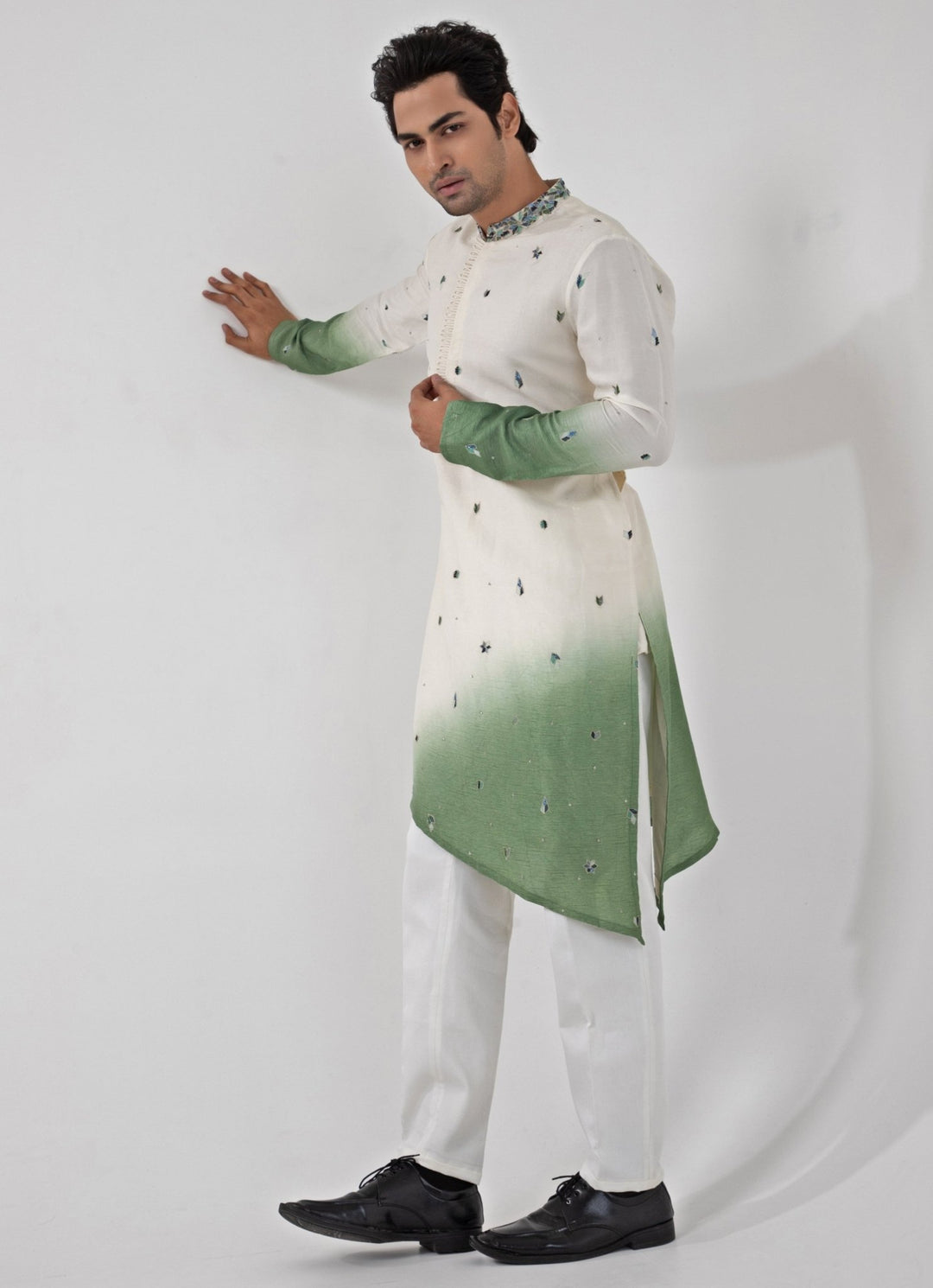 Ivory And Green Ombre Embroidered Kurta Pant Set Smriti - Fabilicious Fashion