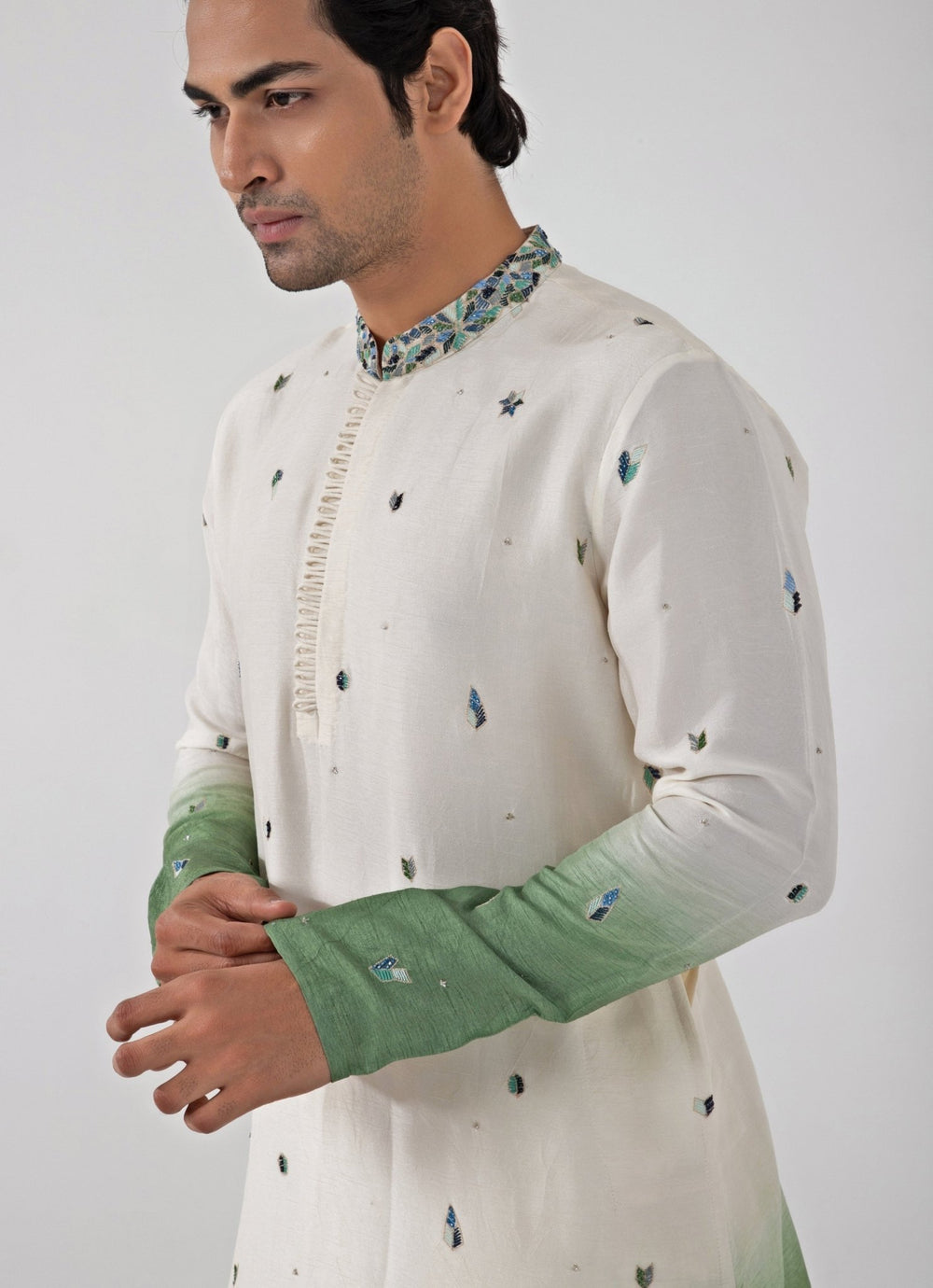 Ivory And Green Ombre Embroidered Kurta Pant Set Smriti - Fabilicious Fashion
