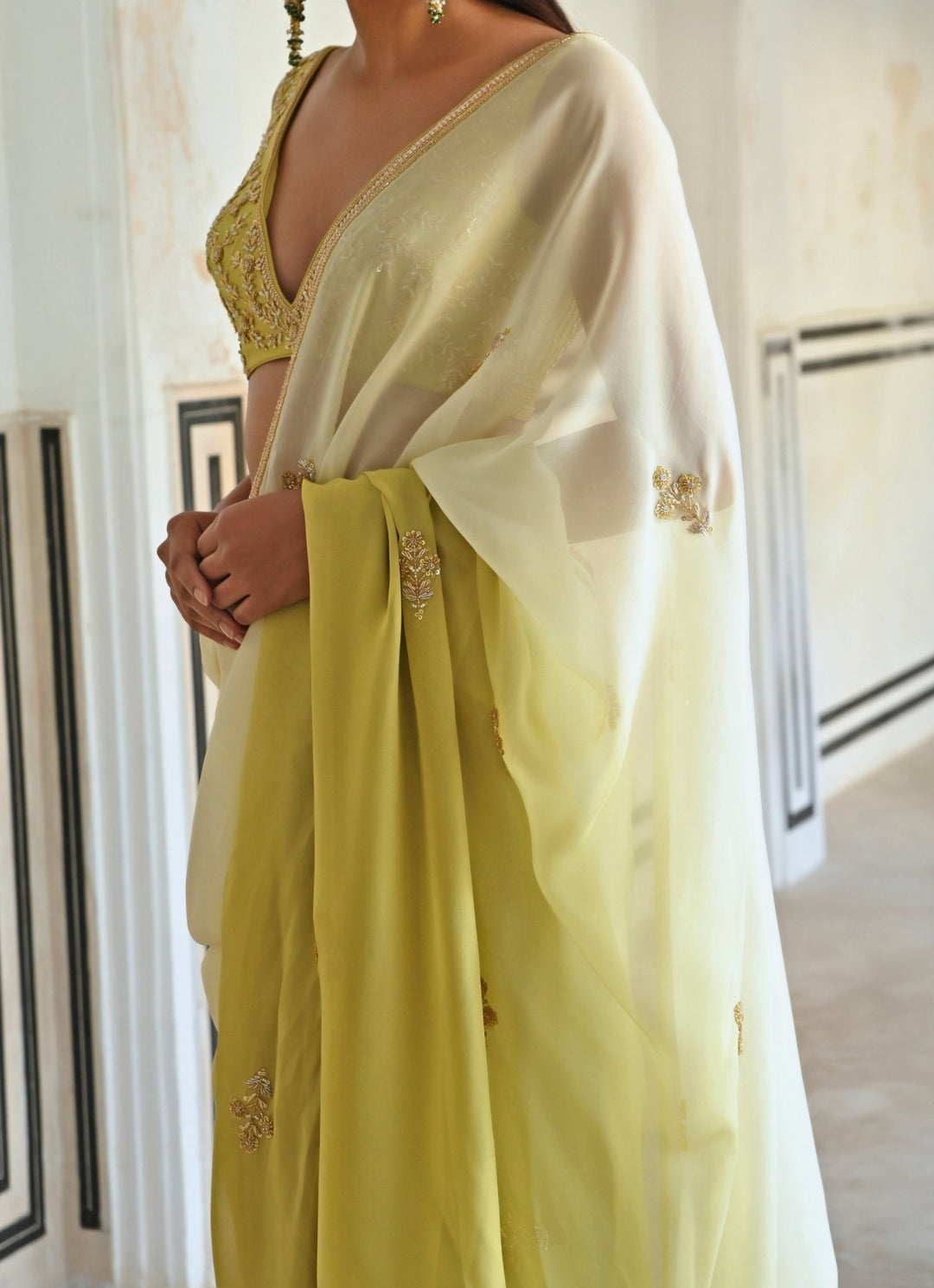 Ivory And Green Ombre Organza Embroidered Saree Set Ease - Fabilicious Fashion