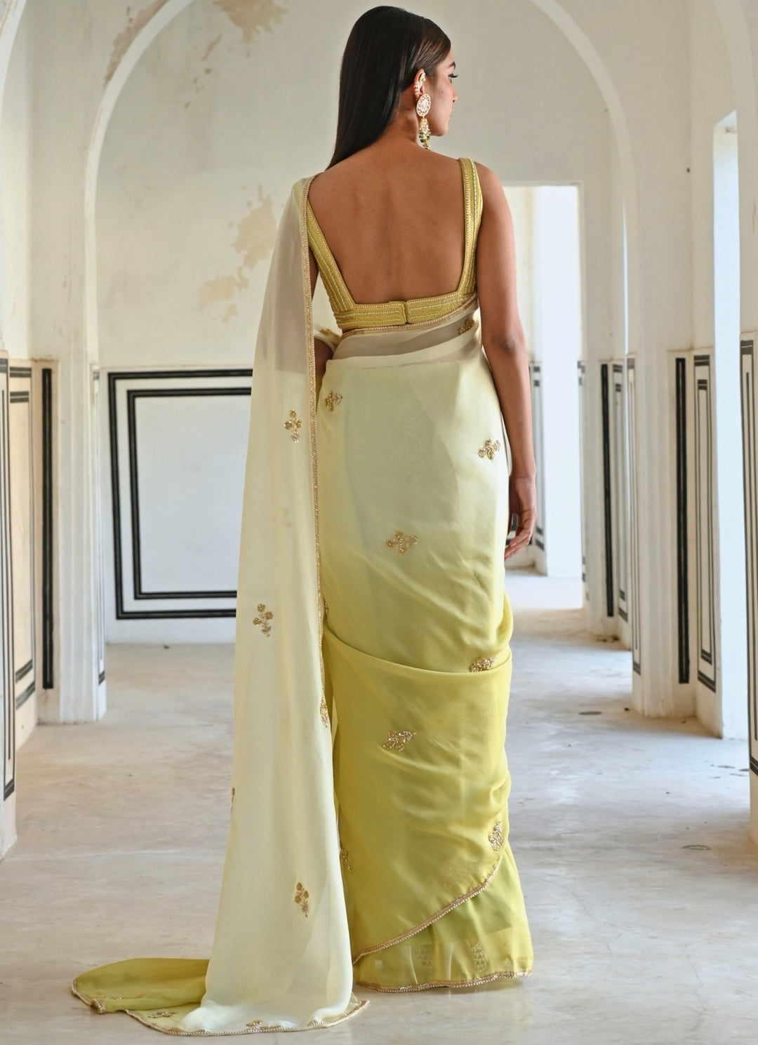Ivory And Green Ombre Organza Embroidered Saree Set Ease - Fabilicious Fashion