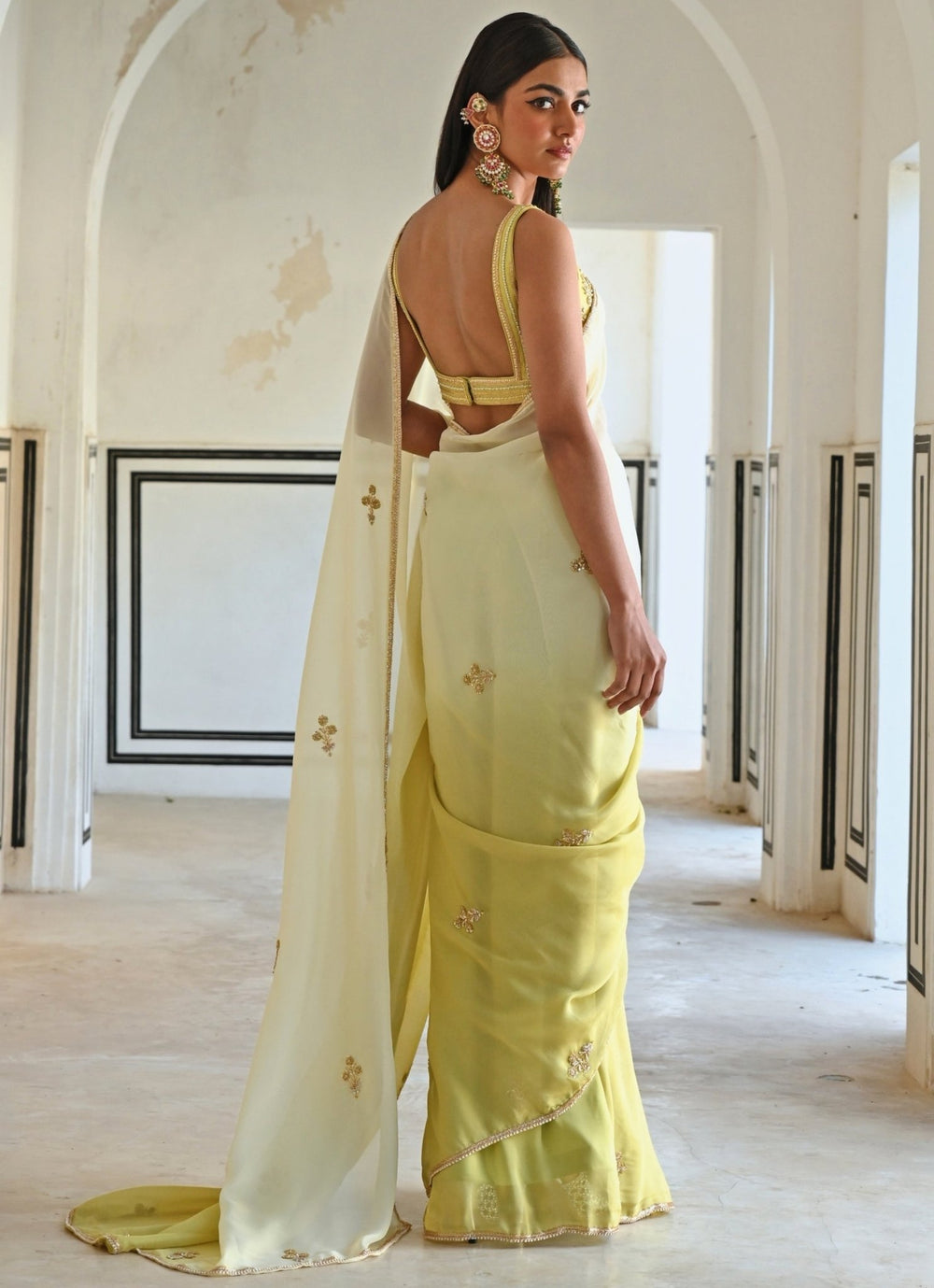 Ivory And Green Ombre Organza Embroidered Saree Set Ease - Fabilicious Fashion