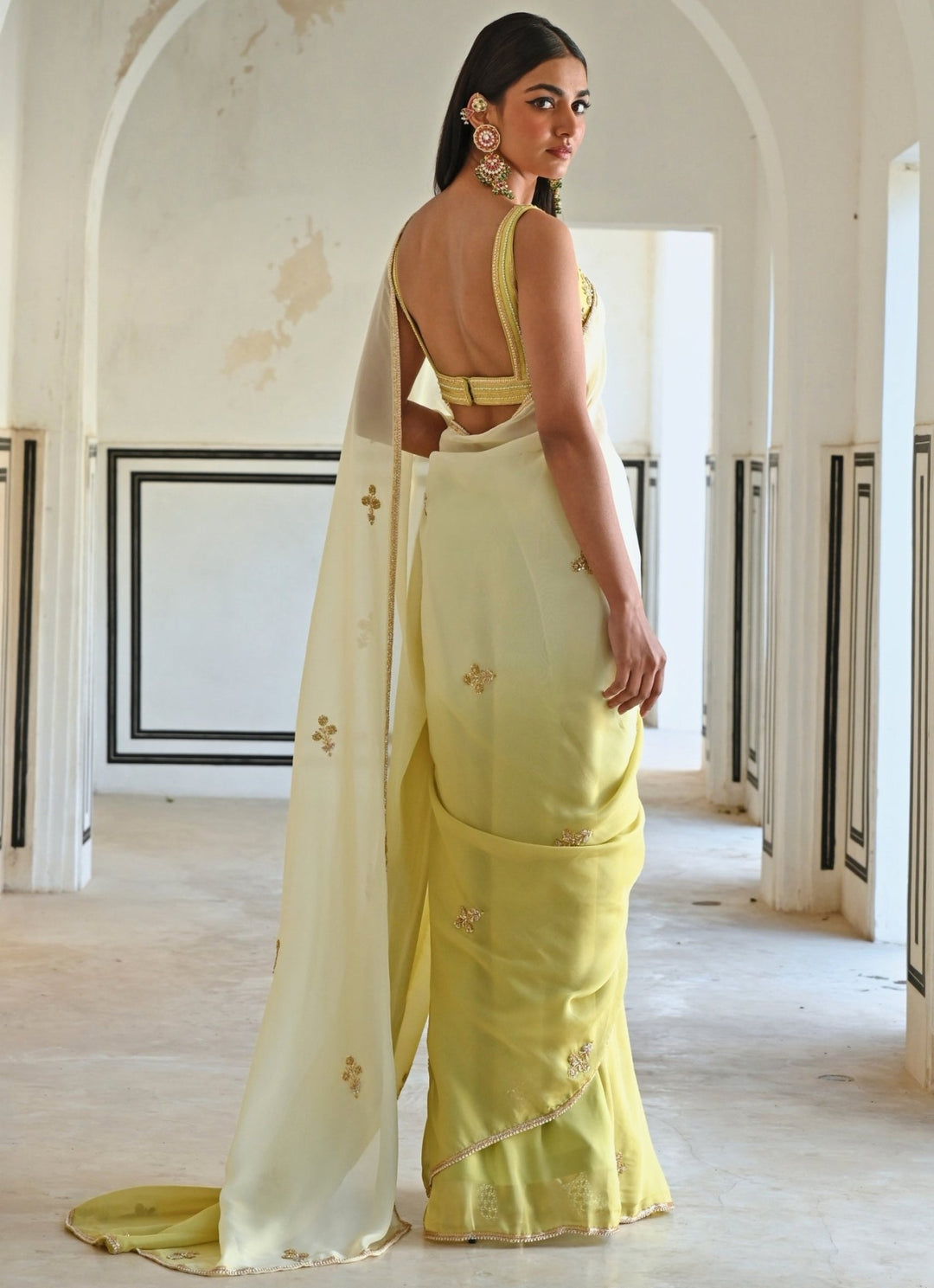 Ivory And Green Ombre Organza Embroidered Saree Set Ease - Fabilicious Fashion