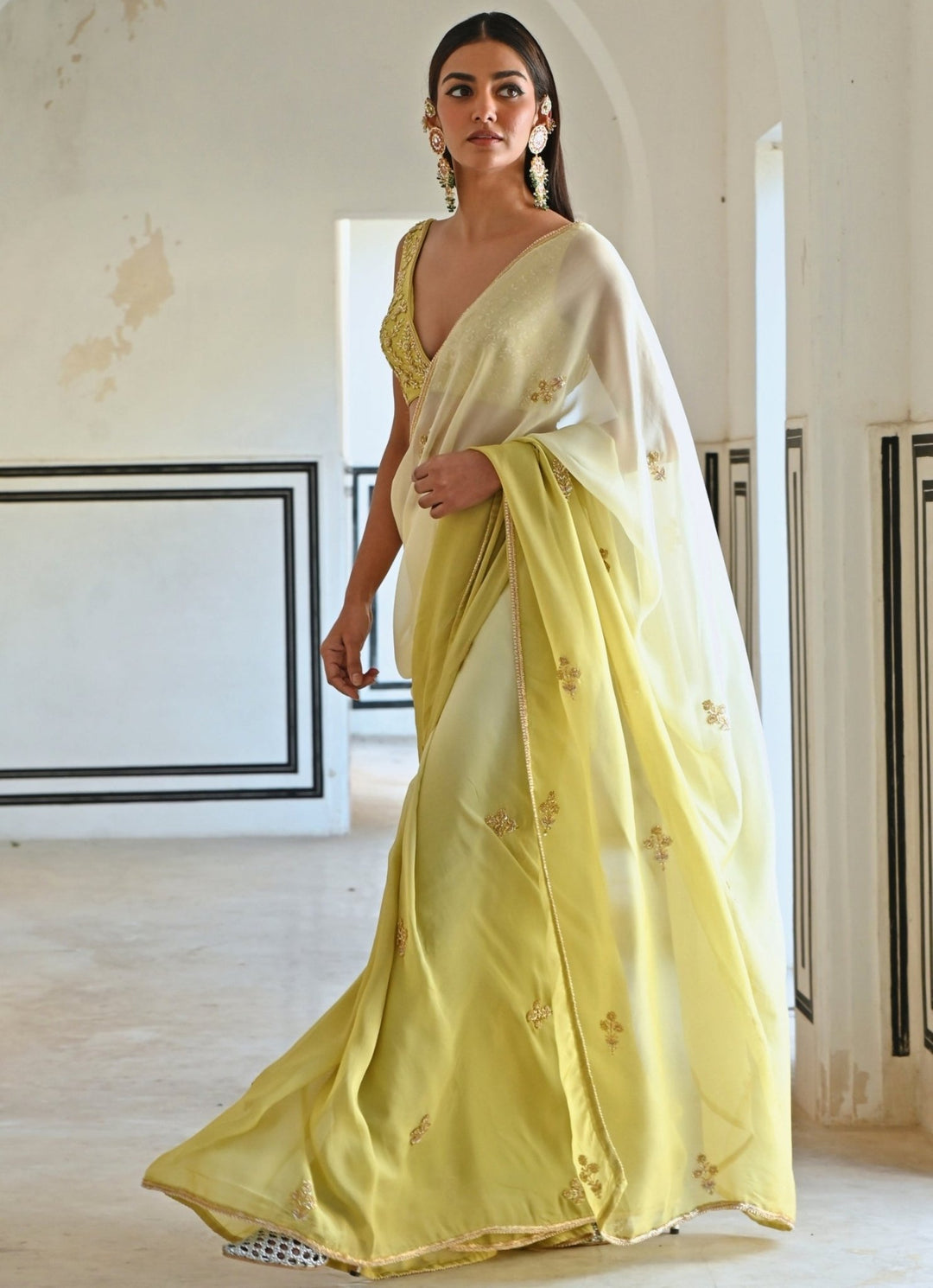 Ivory And Green Ombre Organza Embroidered Saree Set Ease - Fabilicious Fashion