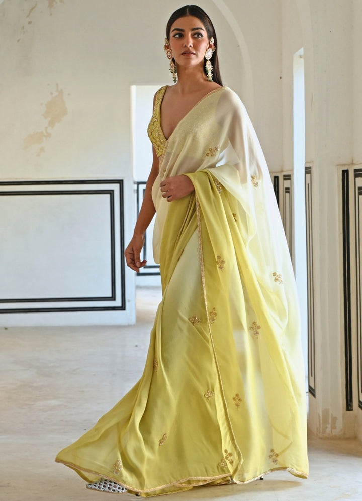 Ivory And Green Ombre Organza Embroidered Saree Set Ease - Fabilicious Fashion