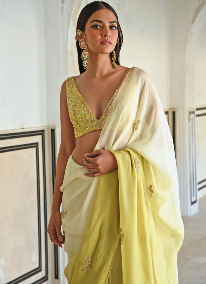 Ivory And Green Ombre Organza Embroidered Saree Set Ease - Fabilicious Fashion