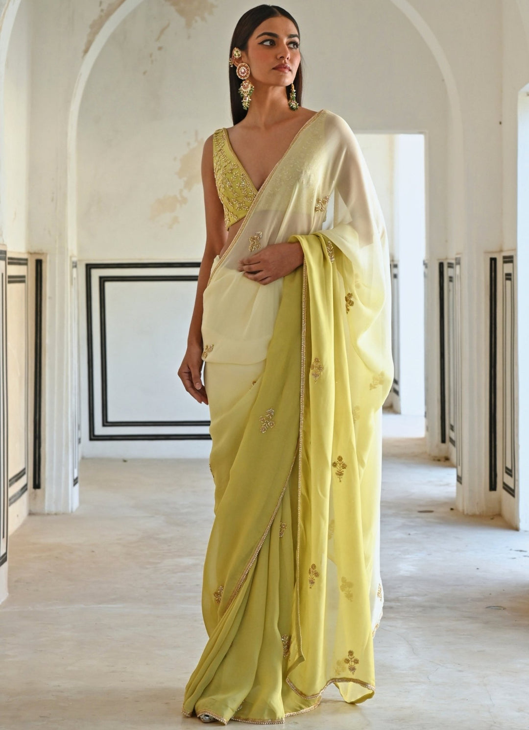 Ivory And Green Ombre Organza Embroidered Saree Set Ease - Fabilicious Fashion