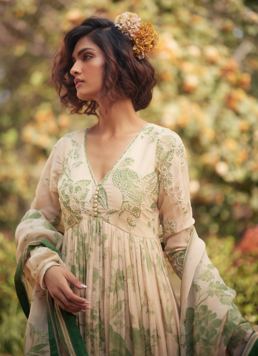Ivory And Green Printed Chanderi Anarkali Set Paulmi and Harsh - Fabilicious Fashion