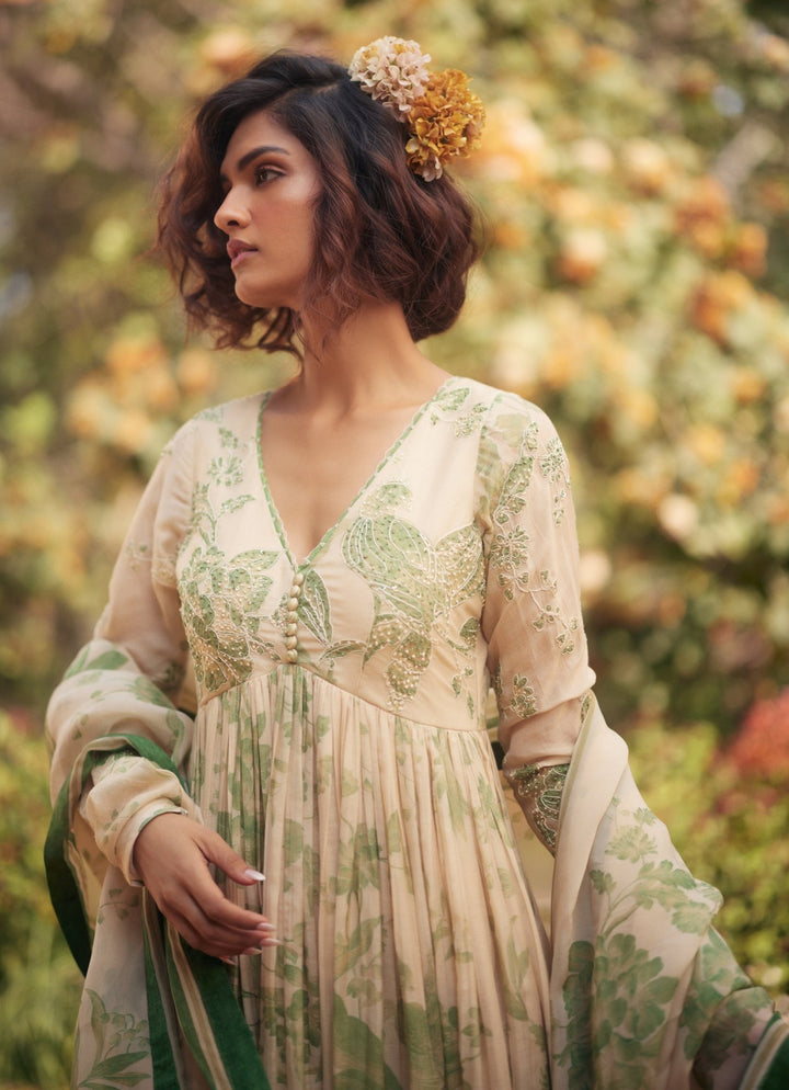 Ivory And Green Printed Chanderi Anarkali Set Paulmi and Harsh - Fabilicious Fashion