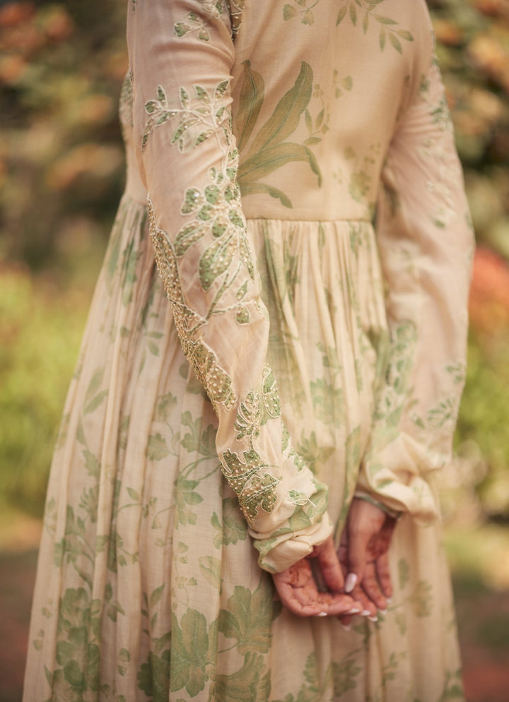 Ivory And Green Printed Chanderi Anarkali Set Paulmi and Harsh - Fabilicious Fashion