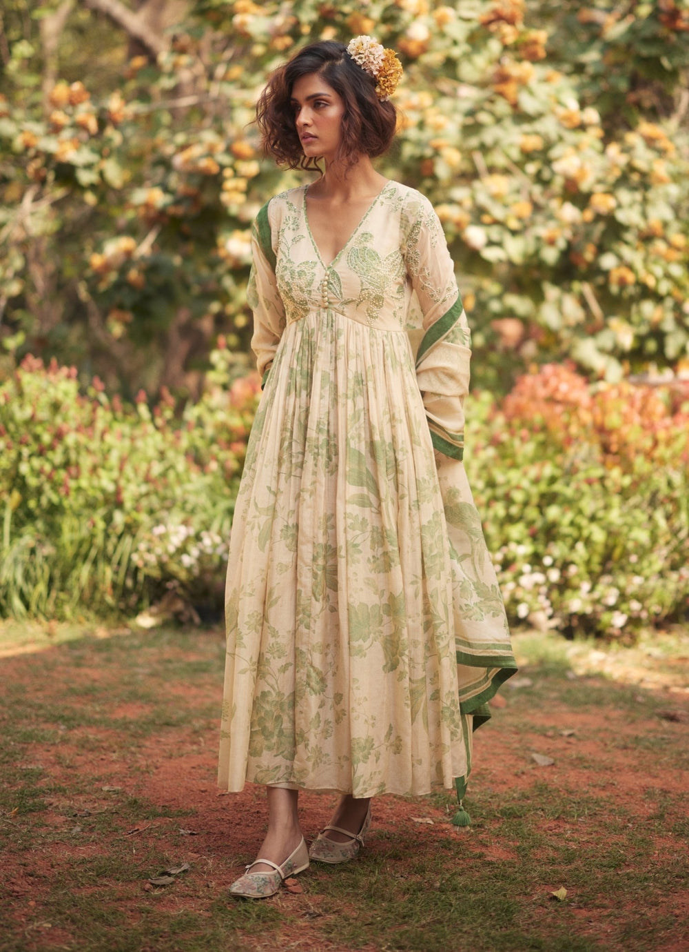 Ivory And Green Printed Chanderi Anarkali Set Paulmi and Harsh - Fabilicious Fashion