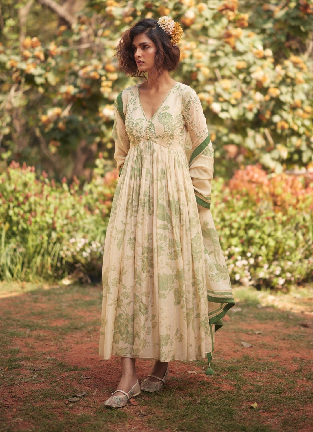 Ivory And Green Printed Chanderi Anarkali Set Paulmi and Harsh - Fabilicious Fashion