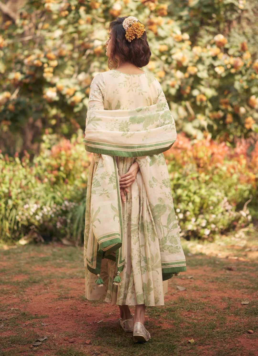 Ivory And Green Printed Chanderi Anarkali Set Paulmi and Harsh - Fabilicious Fashion