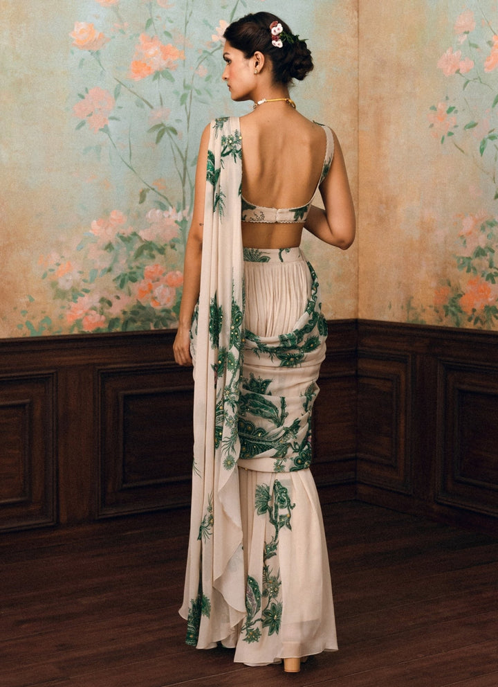 Paulmi and Harsh Ivory And Green Printed Georgette Pre-Draped SareeFabilicious Fashion