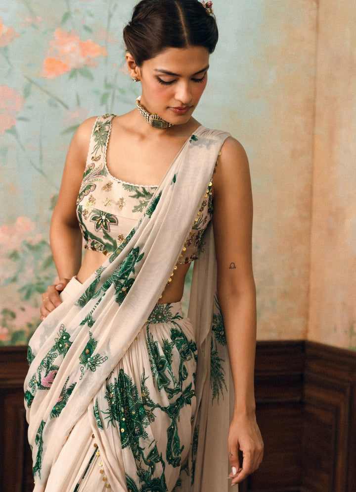 Paulmi and Harsh Ivory And Green Printed Georgette Pre-Draped SareeFabilicious Fashion