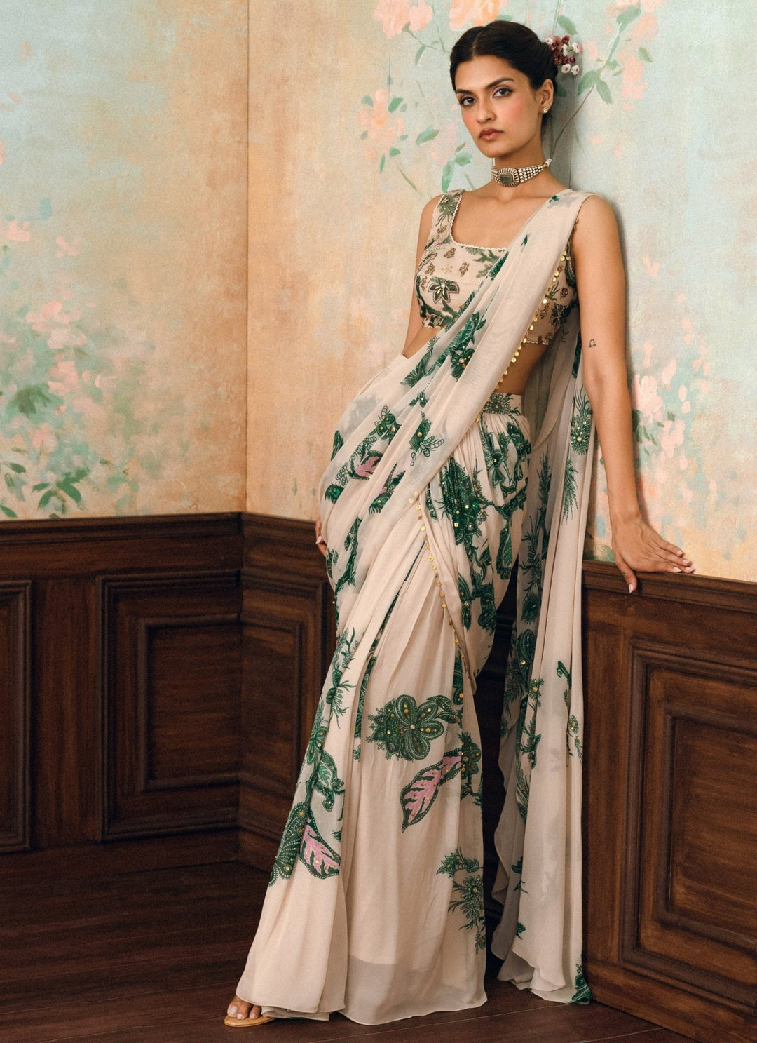 Paulmi and Harsh Ivory And Green Printed Georgette Pre-Draped SareeFabilicious Fashion