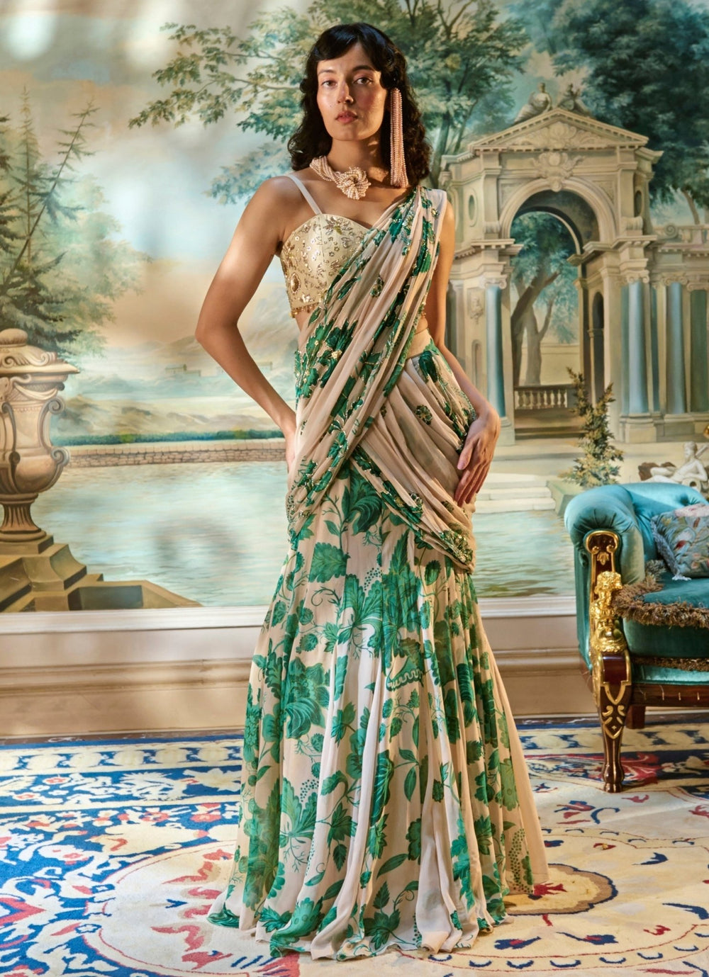 Ivory And Green Printed Georgette Pre - Draped Saree Paulmi and Harsh - Fabilicious Fashion
