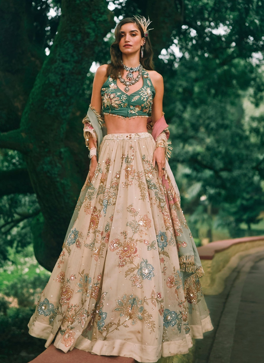 Paulmi and Harsh Ivory And Green Printed Organza Lehenga SetFabilicious Fashion