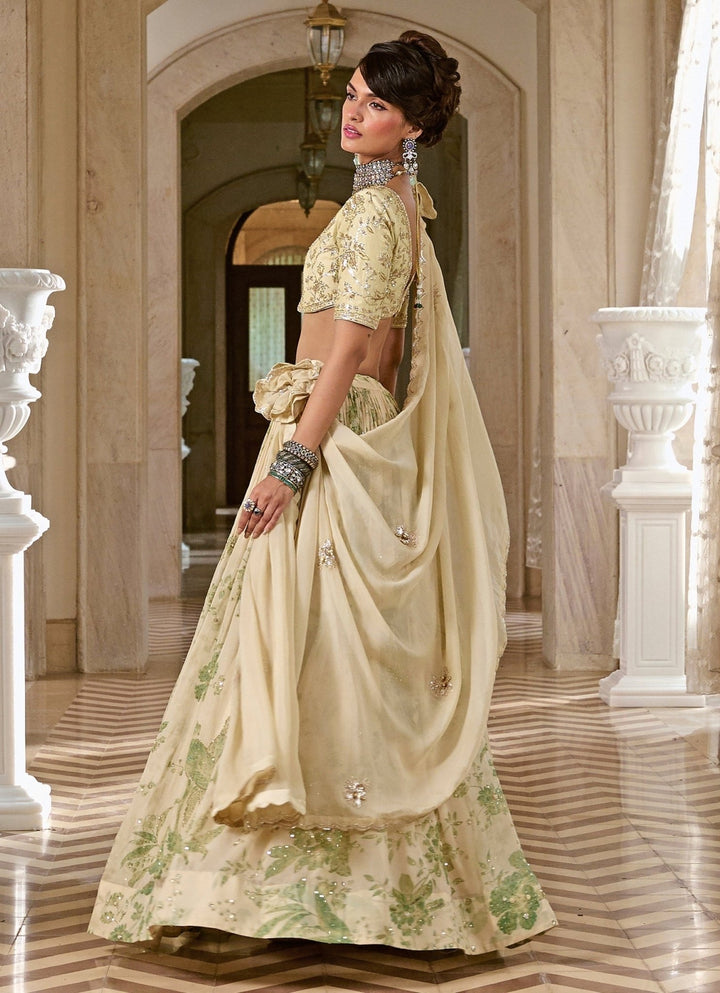 Ivory And Green Printed Organza Lehenga Set Paulmi and Harsh - Fabilicious Fashion