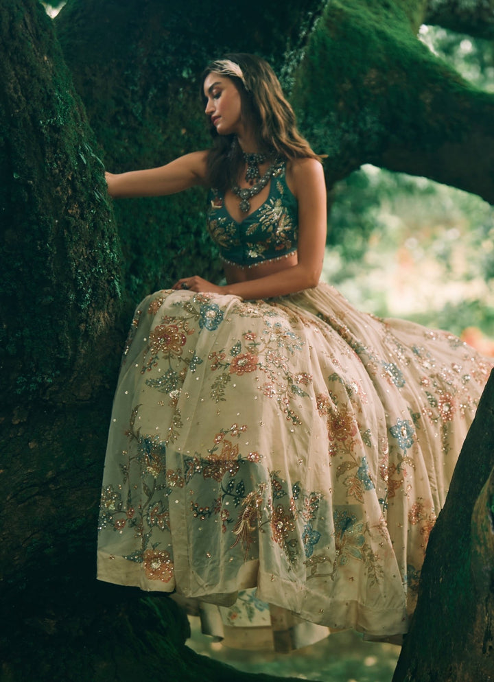 Paulmi and Harsh Ivory And Green Printed Organza Lehenga SetFabilicious Fashion