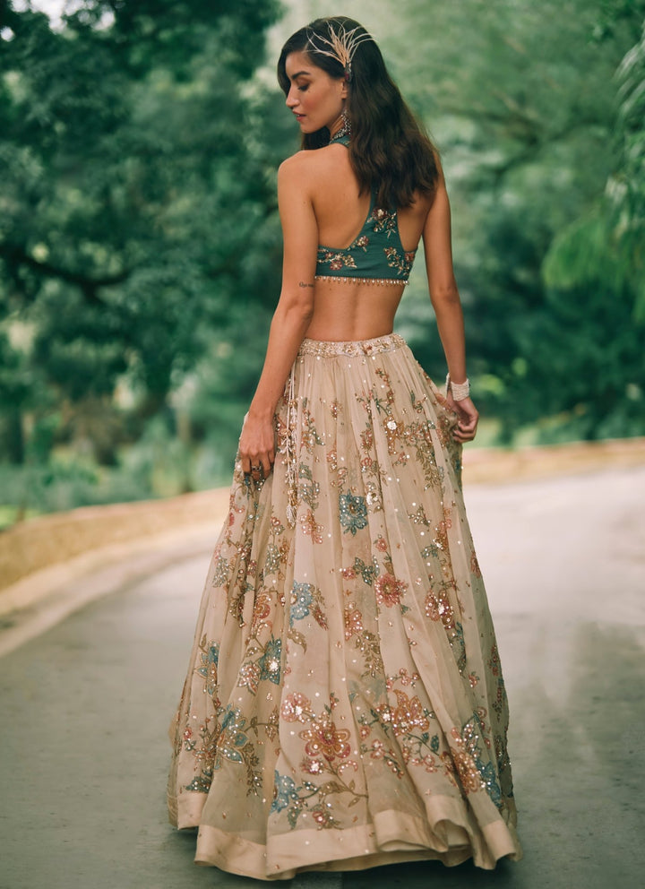 Paulmi and Harsh Ivory And Green Printed Organza Lehenga SetFabilicious Fashion