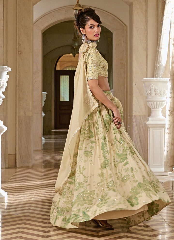 Ivory And Green Printed Organza Lehenga Set Paulmi and Harsh - Fabilicious Fashion