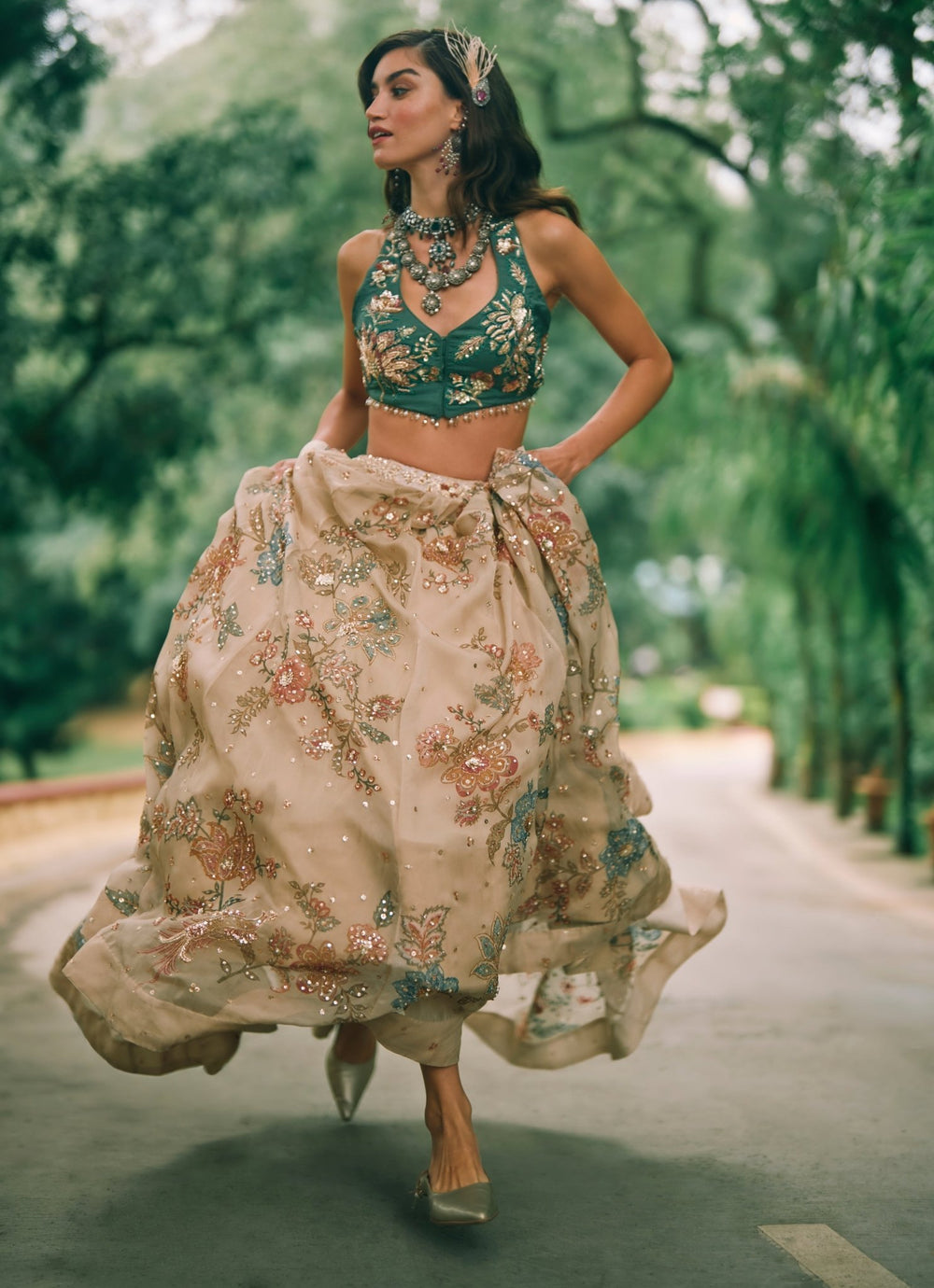 Paulmi and Harsh Ivory And Green Printed Organza Lehenga SetFabilicious Fashion