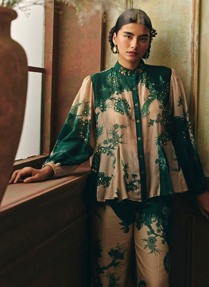 Paulmi and Harsh Ivory And Green Printed Silk Organza Shirt With Trousers SetFabilicious Fashion