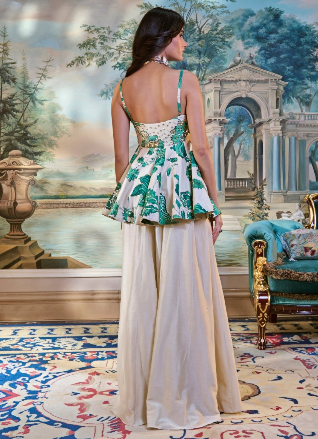 Ivory And Green Printed Silk Peplum Palazzo Set Paulmi and Harsh - Fabilicious Fashion