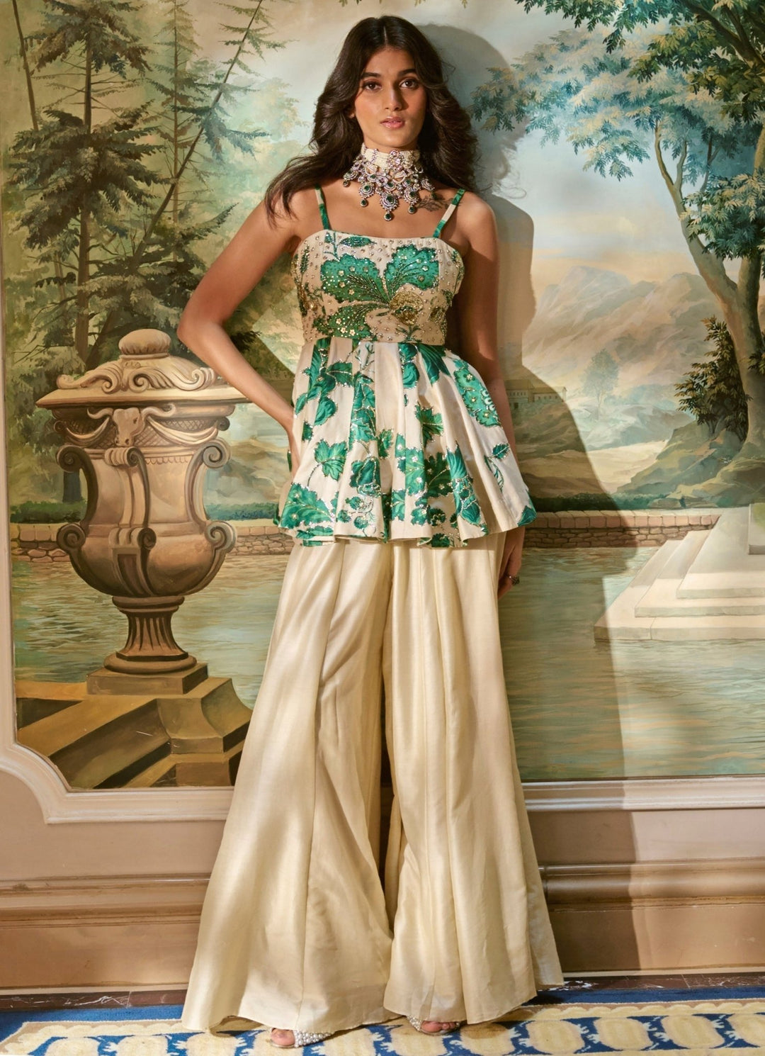 Ivory And Green Printed Silk Peplum Palazzo Set Paulmi and Harsh - Fabilicious Fashion
