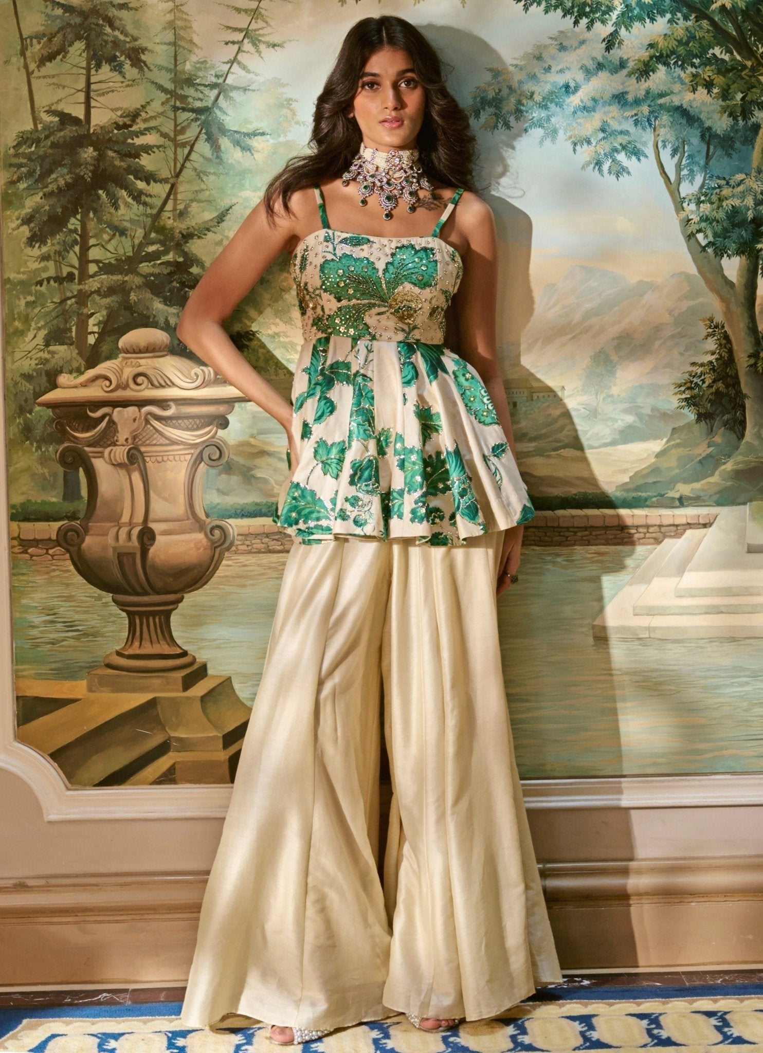 Ivory and green printed silk peplum palazzo set for modern wedding guest dressing