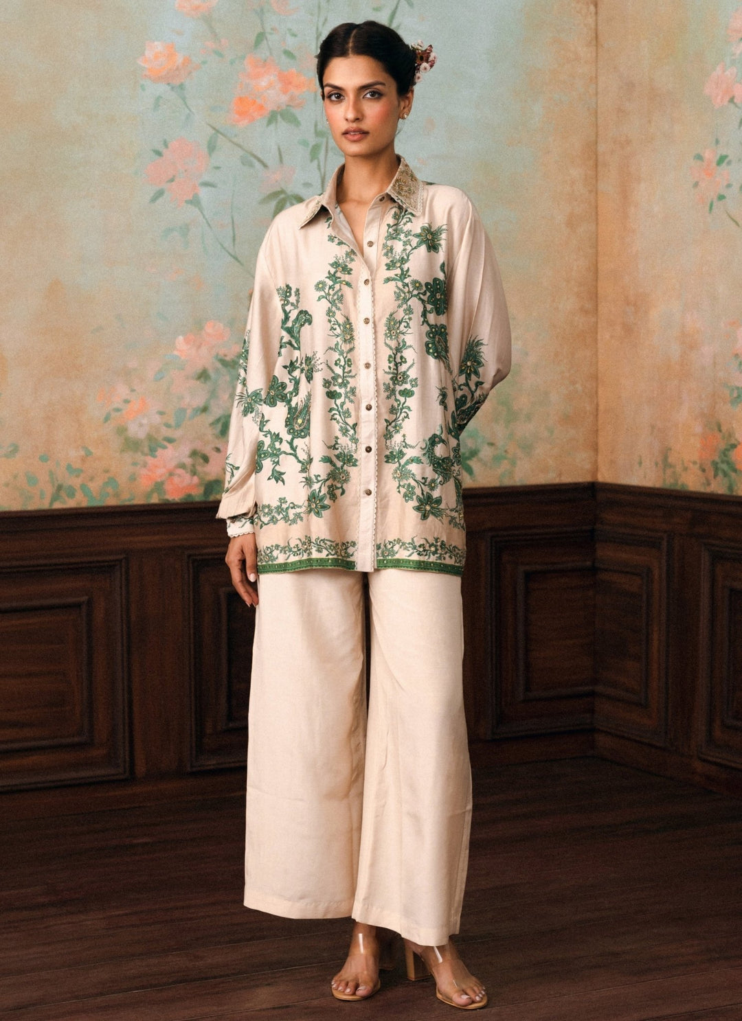 Paulmi and Harsh Ivory And Green Printed Silk ShirtFabilicious Fashion
