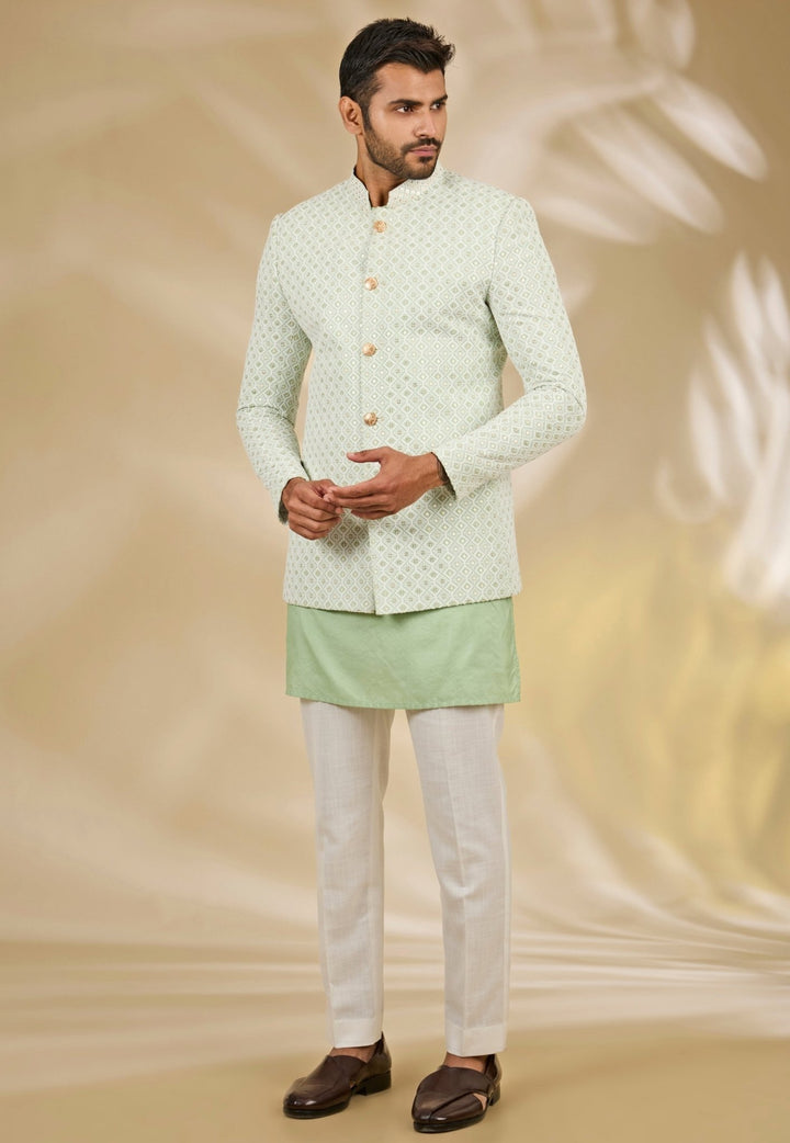Ivory and Green Silk Bandhgala Set Manish Nagdeo - Fabilicious Fashion