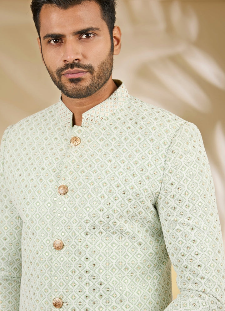 Ivory and Green Silk Bandhgala Set Manish Nagdeo - Fabilicious Fashion