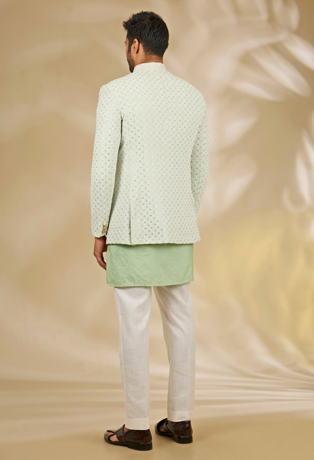 Ivory and Green Silk Bandhgala Set Manish Nagdeo - Fabilicious Fashion