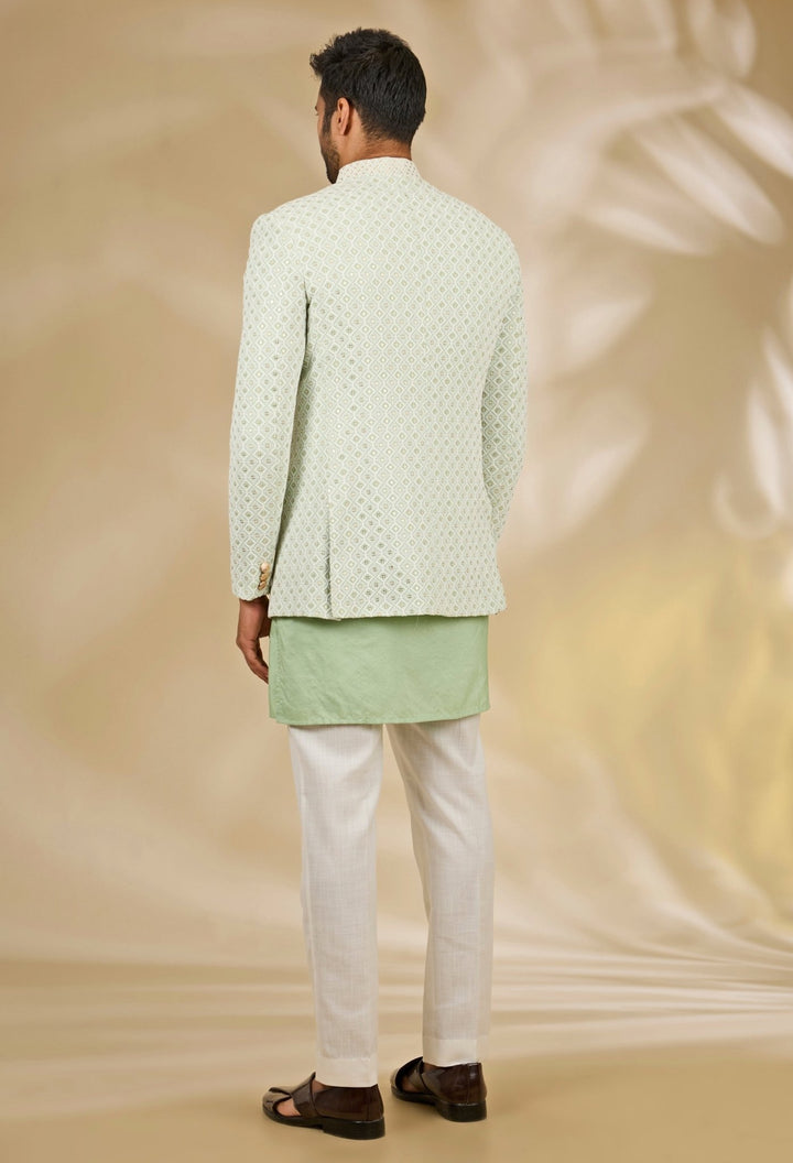 Ivory and Green Silk Bandhgala Set Manish Nagdeo - Fabilicious Fashion