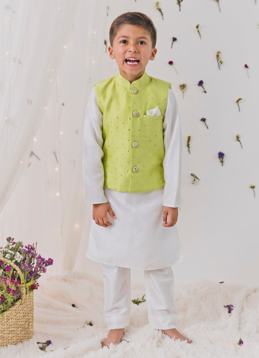 Ivory And Green Silk Bundi Set Chotibuti - Fabilicious Fashion