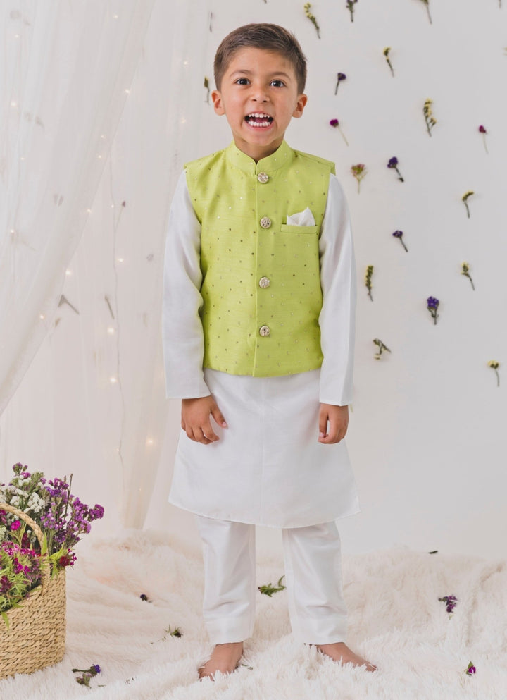 Ivory And Green Silk Bundi Set Chotibuti - Fabilicious Fashion