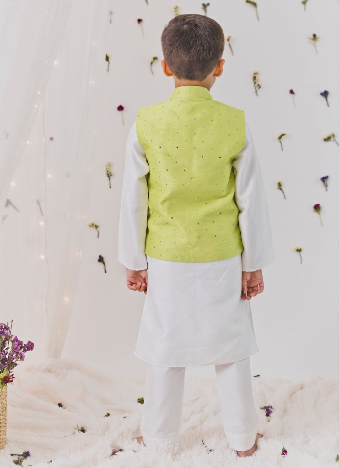 Ivory And Green Silk Bundi Set Chotibuti - Fabilicious Fashion