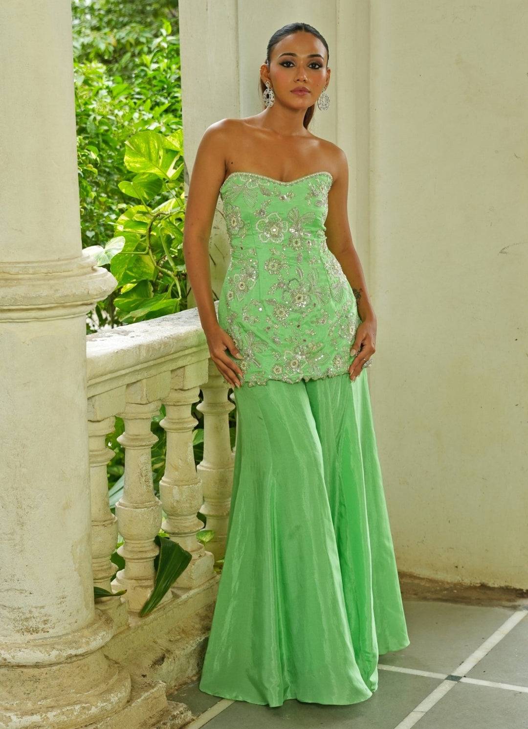 Ivory And Green Silk Sharara Set Enamour by Radha - Fabilicious Fashion