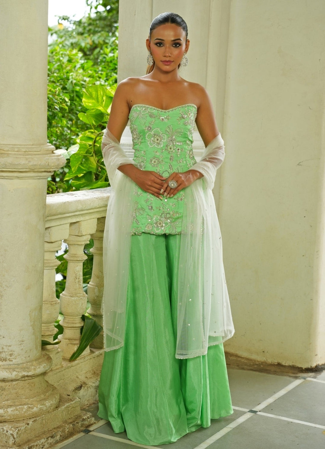 Ivory And Green Silk Sharara Set Enamour by Radha - Fabilicious Fashion