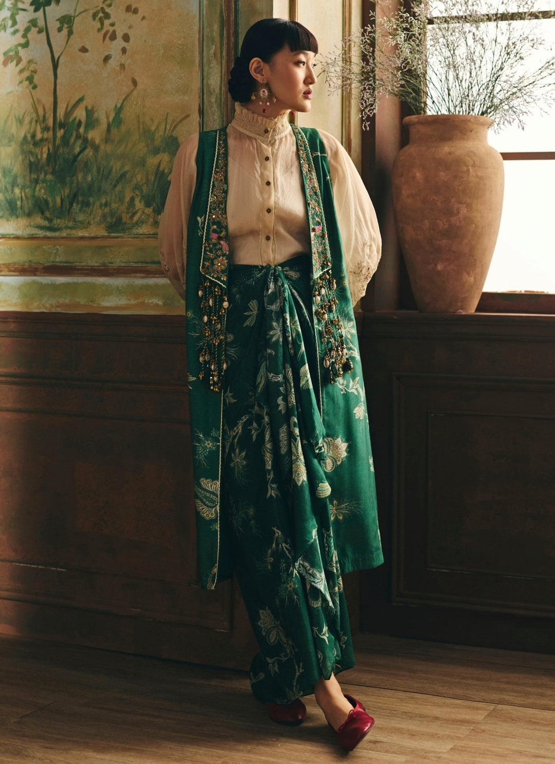 Paulmi and Harsh Ivory And Green Silk Skirt Set With JacketFabilicious Fashion