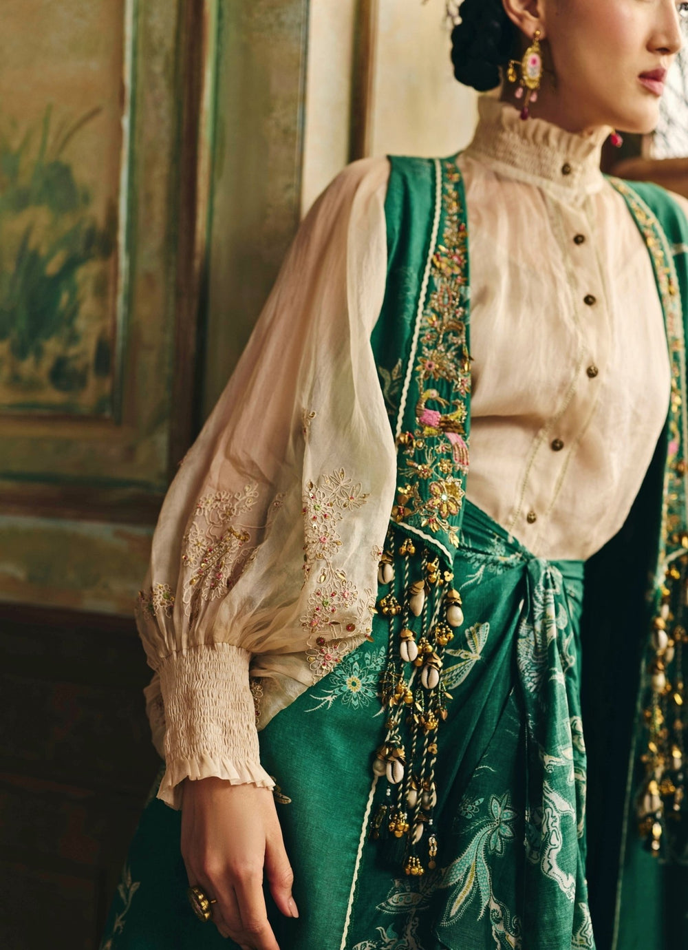 Paulmi and Harsh Ivory And Green Silk Skirt Set With JacketFabilicious Fashion