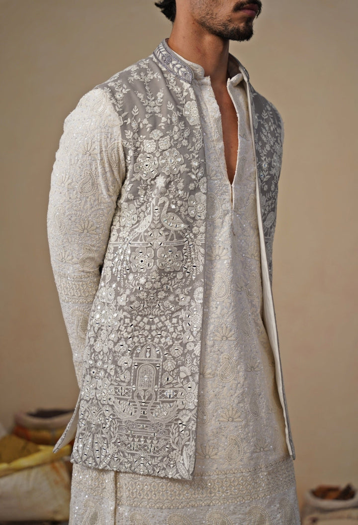 Ivory and Grey Georgette Kurta Jacket Set Kalpraag - Fabilicious Fashion