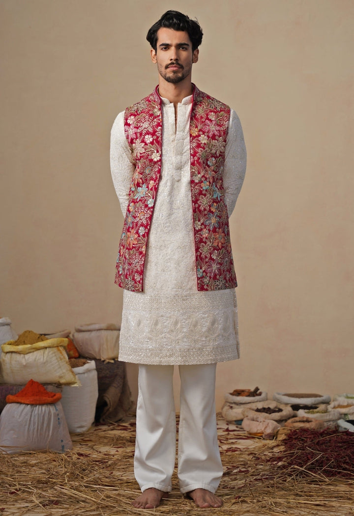 Ivory and Hot Pink Georgette Kurta Jacket Set Kalpraag - Fabilicious Fashion
