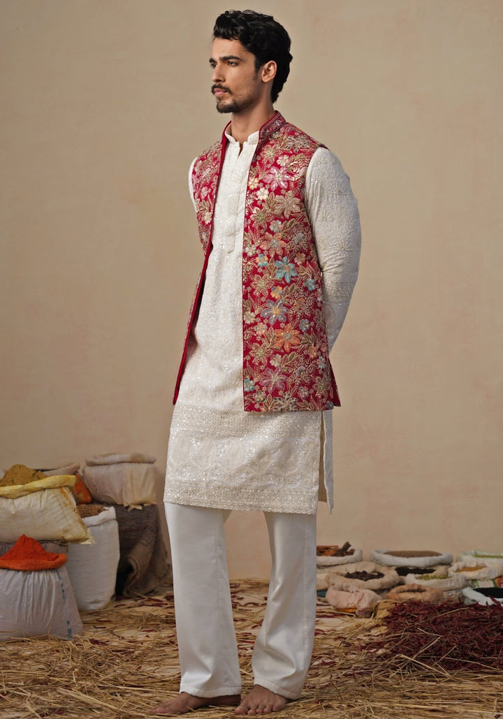 Ivory and Hot Pink Georgette Kurta Jacket Set Kalpraag - Fabilicious Fashion