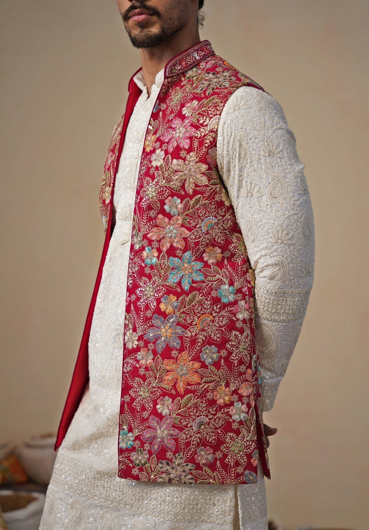 Ivory and Hot Pink Georgette Kurta Jacket Set Kalpraag - Fabilicious Fashion