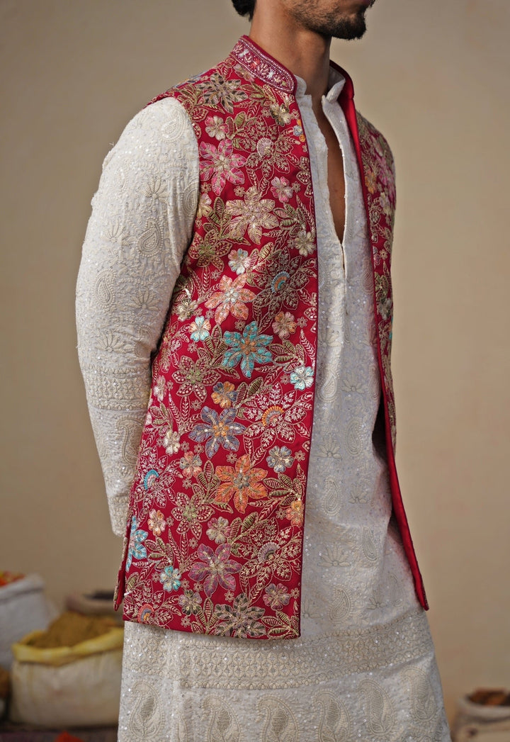 Ivory and Hot Pink Georgette Kurta Jacket Set Kalpraag - Fabilicious Fashion